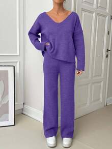 EURMUSE Damski luźny, wygodny, ciepły, gruby, dwuczęściowy komplet swetrów z podwójnym rękawem i dekoltem w serek