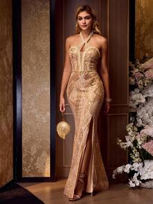 MOTF Soiréza 优雅露背无袖人造珍珠串珠高开衩美人鱼下摆礼服，适合秋冬正式活动和庆典 - 香檳色 - 查看 7