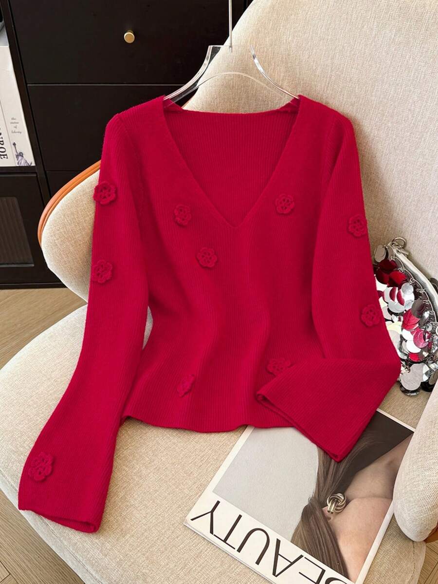 SHEIN LUNE 女式纯色 V 领法式手工钩编 3D 花卉毛衣,秋冬 - 紅色 - 查看 1