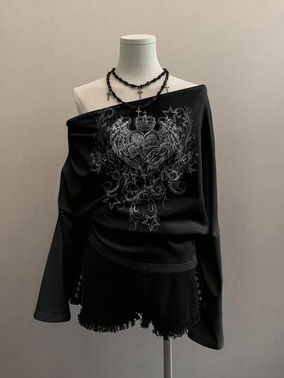 Attitoon 休闲简约街头风格皇冠十字翼哥特朋克图案印花卫衣，适合秋冬季，复古、性感、可爱、Y2K、椰子女孩、波西米亚风、嬉皮士、音乐节