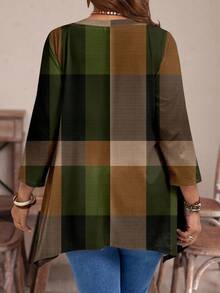 Mellowie Casual Asymmetrical Plaid Print Loose Long Sleeve T-Shirt For Plus Size, Spring & Autumn And Winter