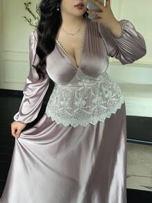Flirla Elegant Contrast Lace Long Dress Bride Purple Gown - Mauve Purple - View 3