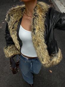 Muchica Jachetă la modă pentru femei, stil stradal, cu imprimeu de blană artificială, cu deschidere în față, toamnă - Negru - Vizualizare 3