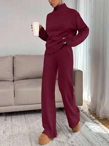 EURMUSE Women Relaxed Fit Turtle-Neck Sweater With Rib Knit Detailed And Straight Knit Pant Set,Co Ord,Winter Clothes - Burgundy - View 3