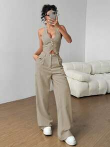 Flirla Petite Set de 2 piezas: Chaleco con atar en el cuello y pantalones rectos informales - Caqui - Ver 5