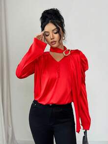 Elenzga Chemisier élégant à col ras du cou pour femme, nouvelle collection printemps/automne, avec décoration métallique, plissé devant et dos en satin hautement élastique, boutonnage décoratif, idéal pour le bureau, les vacances et les rendez-vous pour les femmes de 20 à 35 ans et plus. Luxueux, gracieux, polyvalent, idéal pour les déplacements quotidiens. Chemisier à manches longues à la mode. - Rouge - Voir 4