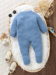 SHEIN Pelele azul de punto recién nacido con calcetines, de manga larga, estilo minimalista casual, conjunto diario para bebé