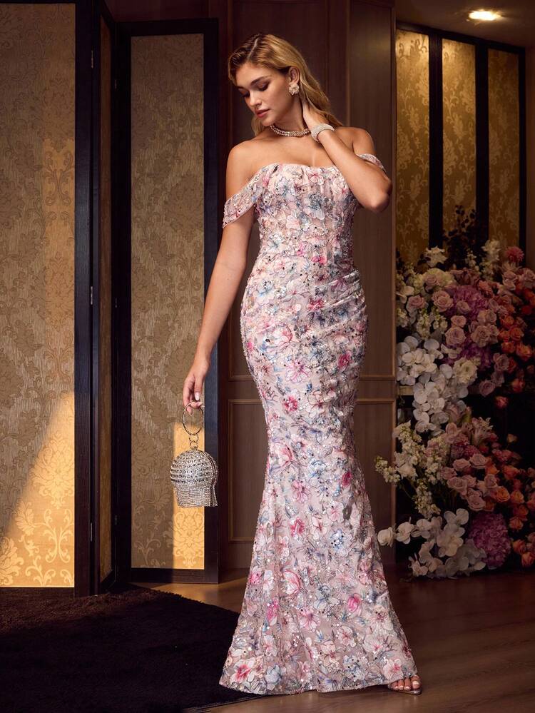 MOTF Soiréza ELEGANT OFF SHOULDER MAXI MERMAID GOWN WITH RANDOM FLORAL BEADED FABRIC, BACK LACE-UP & FORM-FITTING SILHOUETTE PERFECT FOR FORMAL EVENTS & ROMANTIC PARTIES