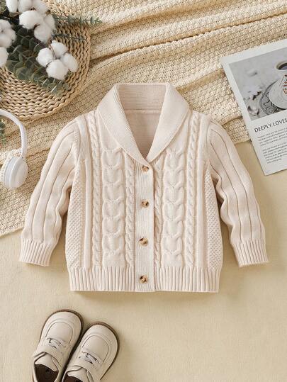 SHEIN Playful Pals Young Boys Cardigans Outdoor Casual Cute Apricot Children Knitted Cardigan Turndown Collar Knitted Sweater Casual Jacket, Soft And Comfortable, Suitable For Daily, Outing, Travel, Holiday, Home, Nursery, And Kids Play Wear, Spring Autumn Winter Children Cardigan Kids Vest Sweater Boys Knit Shirt Boys Sweater Jacket