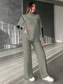 EURMUSE 2 件套女士纯色针织立领毛衣和裤子套装 - 墨綠色 - 查看 3
