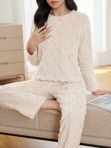 Tween Girl Autumn/Winter Sweet Minimalist Crew Neck Long Sleeve Top And Soft Cozy Fleece Lounge Pants 2 Pieces Pajama Set, Sibling Outfits (2 Pieces Sold Separately) Women 2 Piece Pajama Set Soft Pajamas Set Two Piece Sleepwear Set Pajama Set For Woman Knit Matching Set Knit Lounge Set Sleep Wear Women 2 Piece Set Tween Matching Set Knit - Beige - View 2