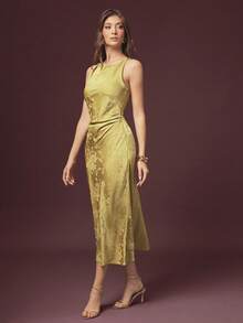 L'Amorae Women Satin Twist Neck Detail Pleated Midi Dress, Holiday Cocktail Homecoming Wedding Guest - Yellow - View 2