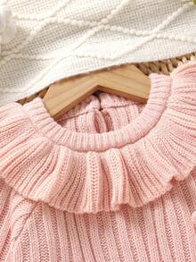 Pelele de suéter para bebé niña, con cuello y bajo con volantes, decorado con lazo 3D de manga larga, pelele de punto rosa para bebé niña, conjunto de punto rosa para bebé niña, pelele de volantes rosa con lazo para bebé, ropa de bebé melocotón, pelele rosa para bebé niña, conjunto de punto para bebé niña, suéter de bebé niña, ropa de bebé neutra recién nacida, pelele casual de bebé, ropa de bebé cálida de 0 a 3 meses para niña en invierno - Rosa Pálido - Ver 9