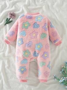 SHEIN Playful Pals 1 bộ đồ mùa đông cho bé gái thu/đông mới họa tiết hoa nhung hở phía trước tay dài, bộ đồ liền thân dày ấm áp nhiều màu sắc cho bé - Hồng - Xem 2