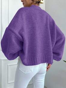 EURMUSE Women's Solid Color Drop Shoulder Long Sleeve Single Breasted Casual Loose Cardigan - Purple - View 2