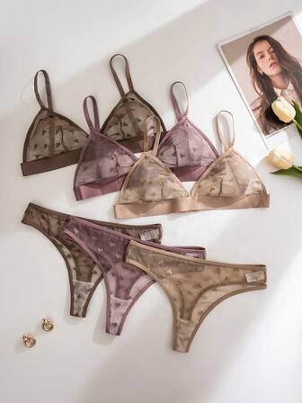 PetitDoll 6pcs/Set Valentine's Day Sexy Sheer Heart Jacquard Mesh Wireless Triangle Cup Lingerie Set