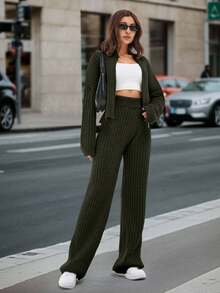 SHEIN Tall Cardigan com zíper e ombros caídos e calças de malha - Verde de Exercício - Ver 3