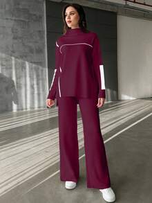 EURMUSE Women's Contrast Color Stand Collar Long Sleeve Sweater And Knitted Pants Casual 2 Pieces Set - Burgundy - View 6