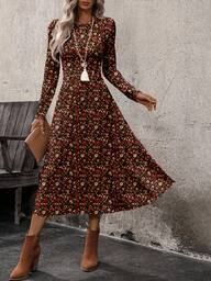 EMERY ROSE Vestido de manga larga ajustado con estampado floral vintage elegante, estilo minimalista casual adecuado para otoño/invierno