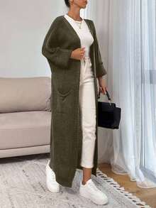 EURMUSE 女士休闲纯色拼布口袋长款开衫，秋冬