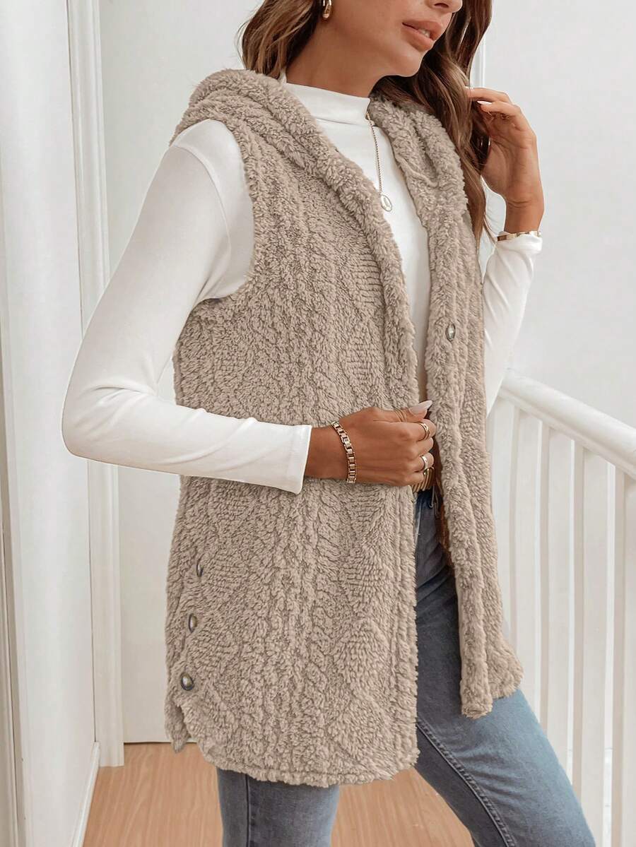 Pariaura Christmas Women's Solid Color Hooded Fashionable Furry Sleeveless Jacket - Camel - View 1