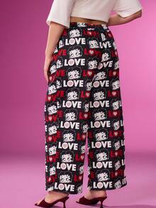 Betty Boop x SHEIN Plus Size Letter And Cartoon Figure Graphic Slant Pocket Casual Pants - Black - View 2