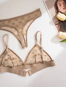 PetitDoll Set de 6 piezas de lencería con sujetador triangular sin aros, de malla jacquard transparente con diseño de corazones, para el Día de San Valentín - Multicolor - Ver 4