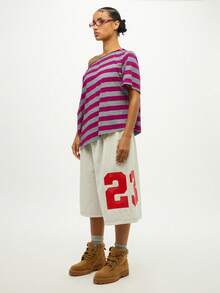 SUMWON WOMEN 露肩条纹上衣休闲宽松版型不对称领口夏季衬衫 - 彩色 - 查看 7