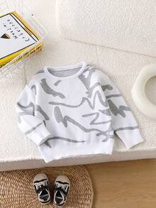 SHEIN Playful Pals 男婴休闲图案圆领落肩毛衣，秋冬季圆领套头衫 - 灰色 - 查看 8