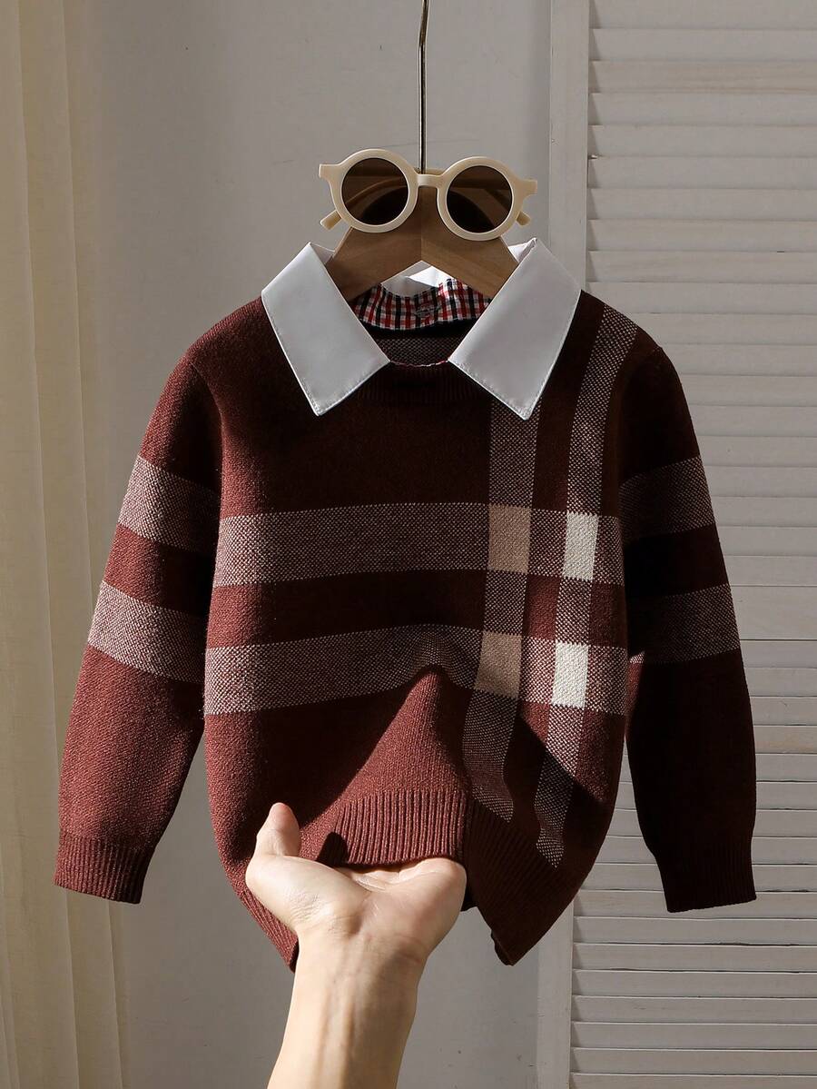 SHEIN Young Boys' Casual Printed Collared Sweater Fall Winter - Coffee Brown - View 1