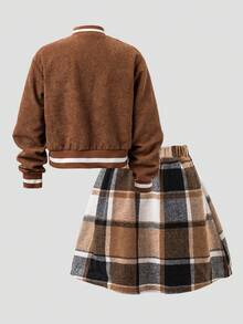 SHEIN Explorewe 2 件套青少年女孩休闲字母植绒夹克和格子裙套装，秋季 - 棕色 - 查看 2