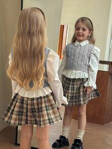 SHEIN Young Girl Ribbed Knit Sweater Vest With Cable Texture, Elegant & Cute, High Quality, Warm & Soft, Versatile For Play, Daily Wear, School, Autumn & Winter,Pairing White Shirt,Back To School Season.College Style, - Light Grey - View 5