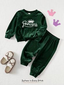 Cozy Pixies 2pcs Baby Girl Crown & Letter Embroidered Fleece Crew Neck Sweatshirt And Elastic Waist Jogger Pants Set Green Baby Girl Outfit Baby Girl Princess Casual Pant Sets Green Jogging Suit Baby Boy Baby Street Wear Green Toddler Outfit Green Jogging Suit Toddler Toddler Princess Outfit - Green - View 1
