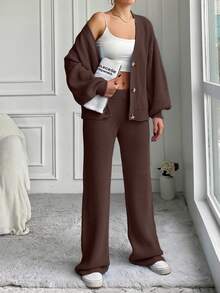 EURMUSE 2pcs/Set Women Solid Color Loose Knit Sweater And Wide Leg Pants - Brown - View 4