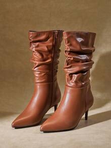 SHUZIA Sepatu Boots Wanita Seksi Ujung Lancip Hak Kitten Setinggi Betis - Chocolate Brown - View 4