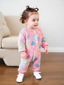 SHEIN Playful Pals 1 bộ đồ mùa đông cho bé gái thu/đông mới họa tiết hoa nhung hở phía trước tay dài, bộ đồ liền thân dày ấm áp nhiều màu sắc cho bé - Hồng - Xem 1