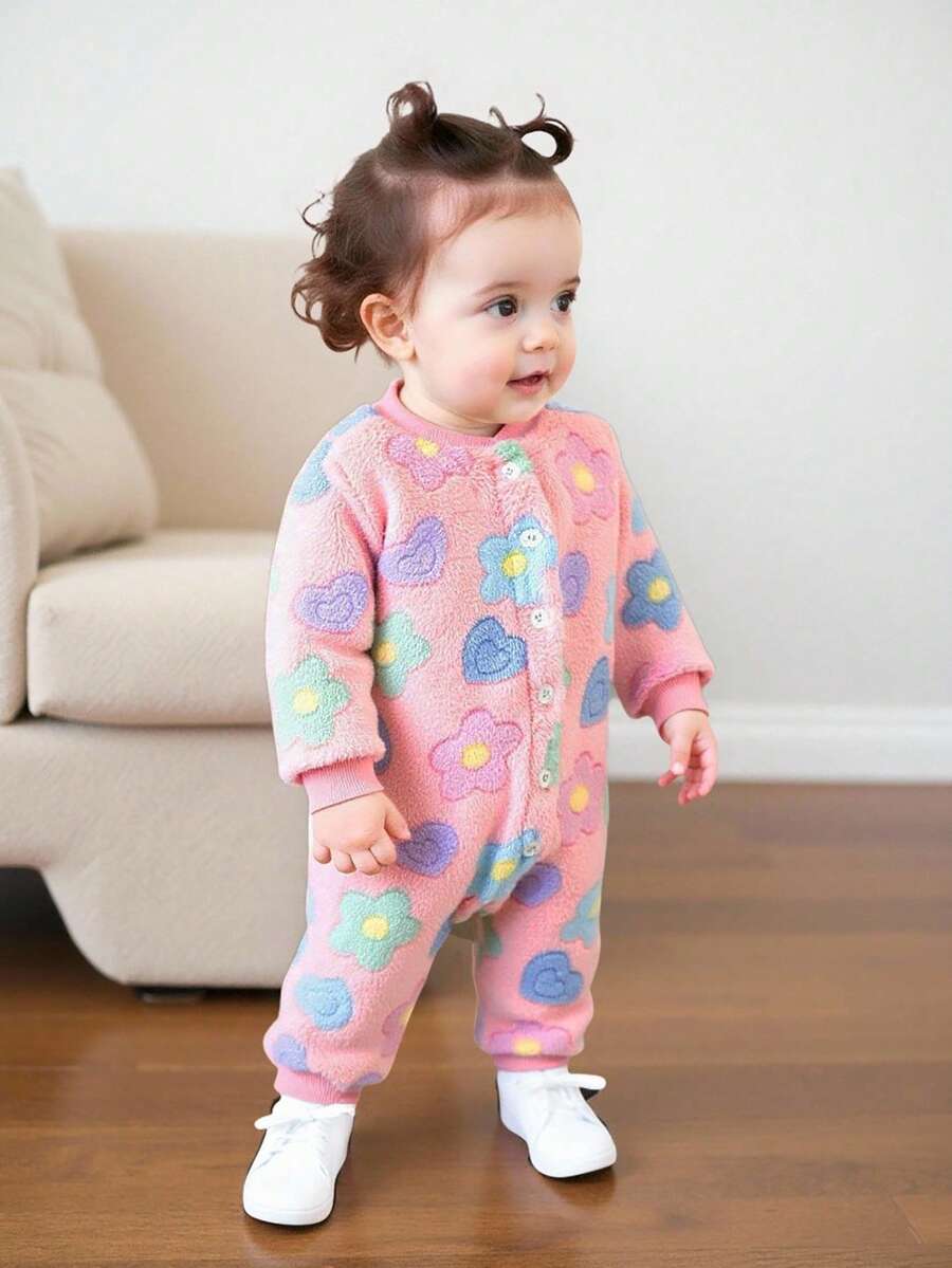 SHEIN Playful Pals 1 bộ đồ mùa đông cho bé gái thu/đông mới họa tiết hoa nhung hở phía trước tay dài, bộ đồ liền thân dày ấm áp nhiều màu sắc cho bé - Hồng - Xem 1