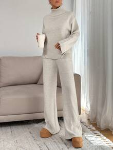 EURMUSE Women Relaxed Fit Turtle-Neck Sweater With Rib Knit Detailed And Straight Knit Pant Set - Beige - View 5