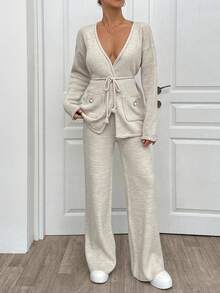 EURMUSE 2pcs/Set Knitted Long Sleeve Top With Pocket And Long Pants - Apricot - View 7