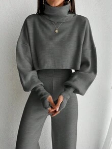 EURMUSE 2pcs Set: Turtleneck Puff Sleeve Solid Color Sweater Top And Pants, Knitted - Dark Grey - View 6