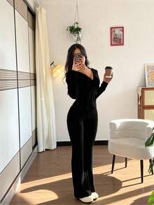 Rafferiza 2pcs/Set Casual Hooded Sweatshirt With Pockets & Ribbed Knit Flare Pants For Women, Versatile For Daily Wear, Autumn/Winter Fall Cloth For Women - Black - View 3