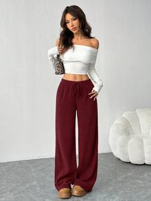 SHEIN EZwear 女士休闲纯色宽松罗纹针织裤舒适阔腿裤酒红色阔腿裤阔腿针织裤女士阔腿裤阔腿运动裤舒适裤酒红色裤女士阔腿裤，秋季，女士秋装 - 酒紅色 - 查看 3