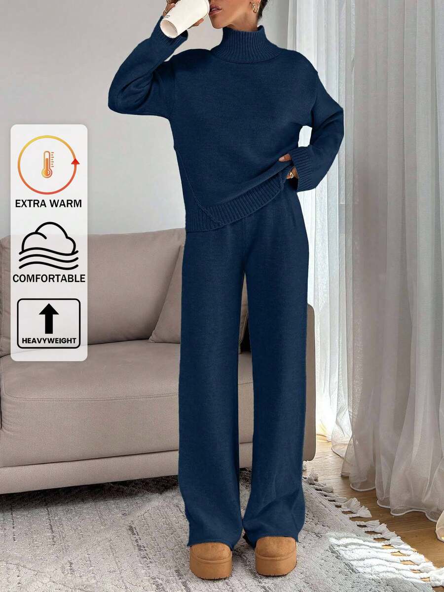 EURMUSE Women Relaxed Fit Turtle-Neck Sweater With Rib Knit Detailed And Straight Knit Pant Set,Co Ord,Winter Clothes - Navy Blue - View 1