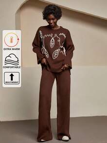 Bóhologie 2pcs Women Embroidered Sweater & Knitted Pants Set, Autumn/Winter Brown Outfits For Women,Co Ord,Petite - Coffee Brown - View 1
