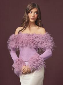 L'Amorae Women's Off Shoulder Furry Fitted Sexy Top - Dusty Pink - View 3