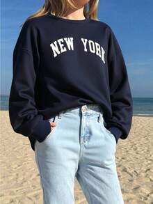 SHEIN Moletom feminino adolescente casual com estampa de slogan em letras, gola redonda, manga longa, cor sólida, peça básica e versátil, ideal para ir ao trabalho, escola, uso diário, viagens, festas ao ar livre, esportes e outono/inverno. Moletom de Nova York para jovens. - Azul marinho - Ver 2