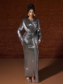 Maweii Váy dài tay thời trang cao cấp, sang trọng, bóng bẩy, cỡ lớn - Bạc - Xem 4