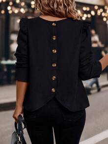 EMERY ROSE Camisa de manga larga con volantes en el bajo para mujer de talla grande, otoño/invierno - Negro - Ver 1