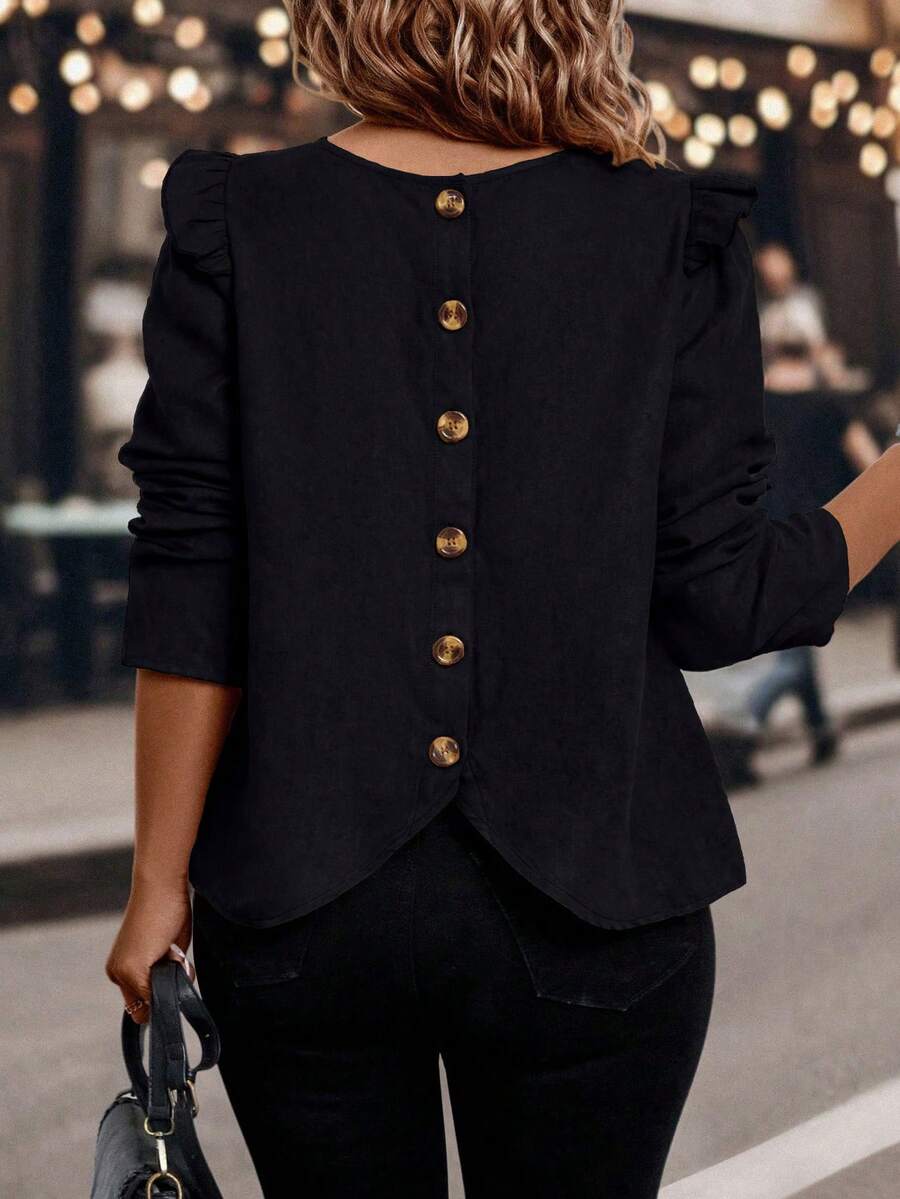 EMERY ROSE Camisa de manga larga con volantes en el bajo para mujer de talla grande, otoño/invierno - Negro - Ver 1