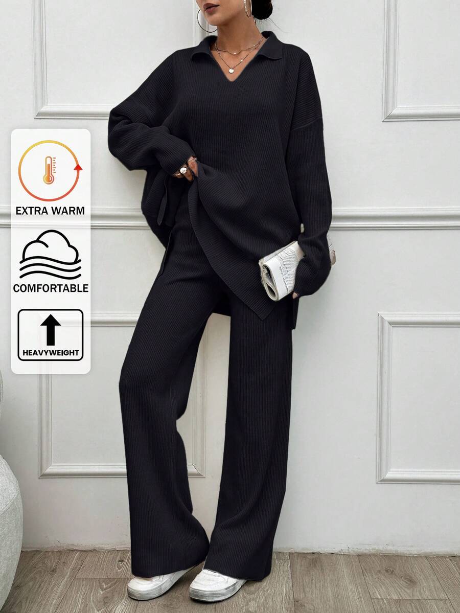 SHEIN Tall 2 قطعة/مجموعة ملابس بلون موحد مع كنزة بياقة مطوية وبنطال طويل، للنساء الطويلات - الأسود - مشاهدة 1